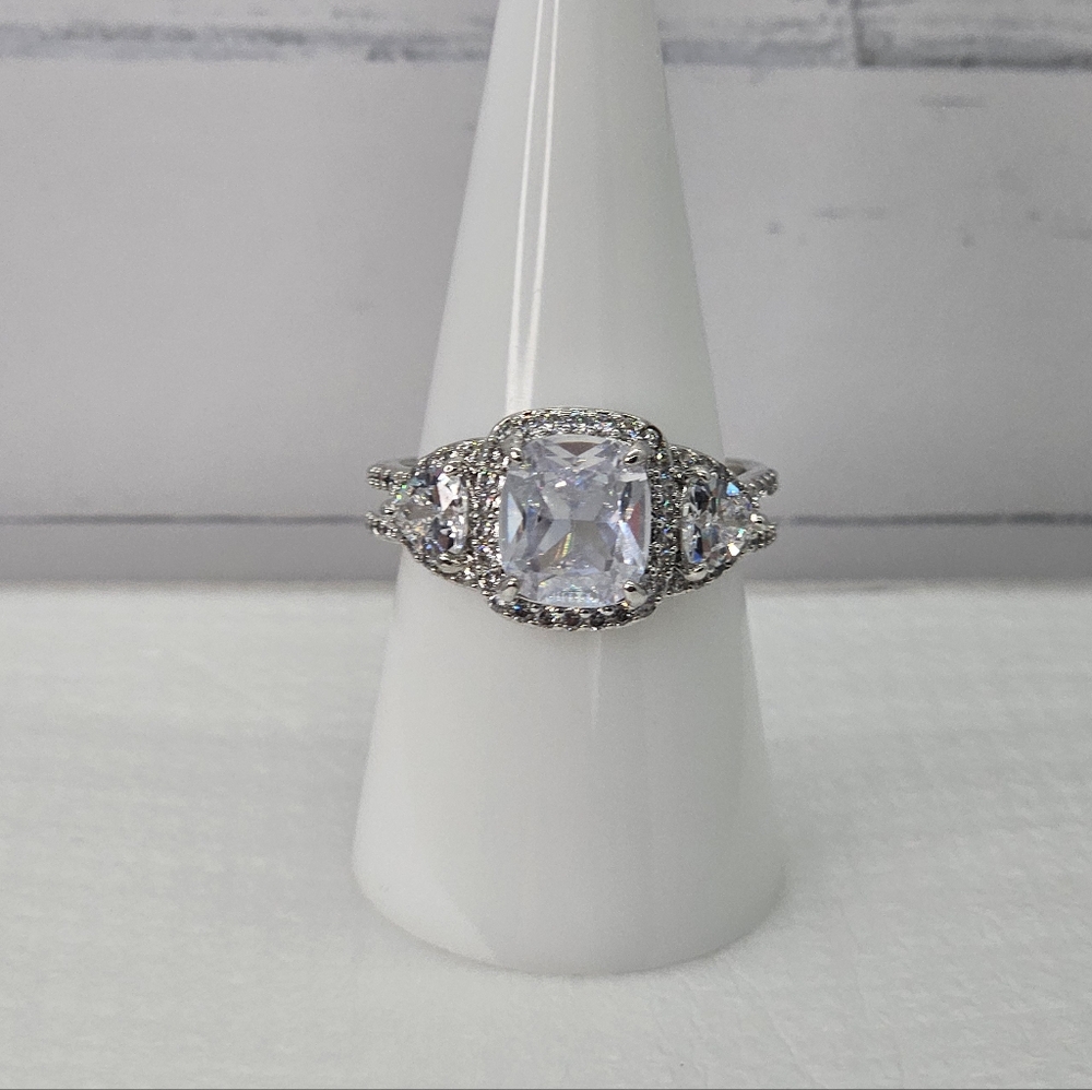 Cushion Cut White Cubic Zirconia Halo Ring in Sterling Tone